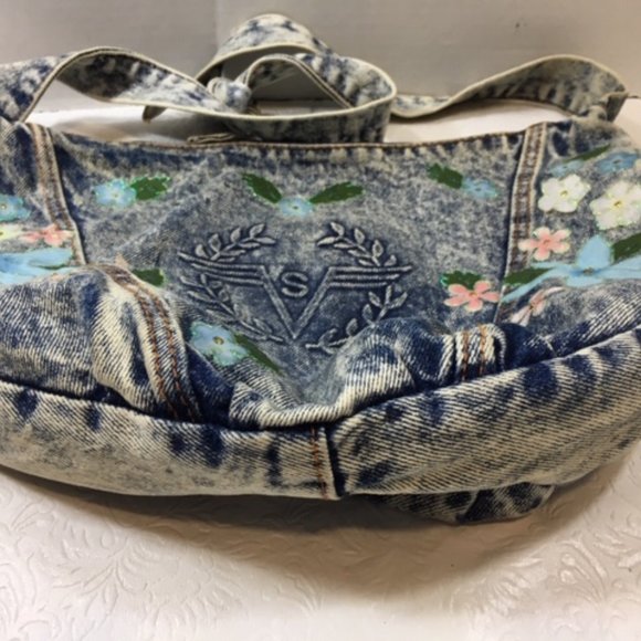 Floral Applique Glitter Denim Jean Crossbody Shoulder Bag Handmade - Picture 7 of 9